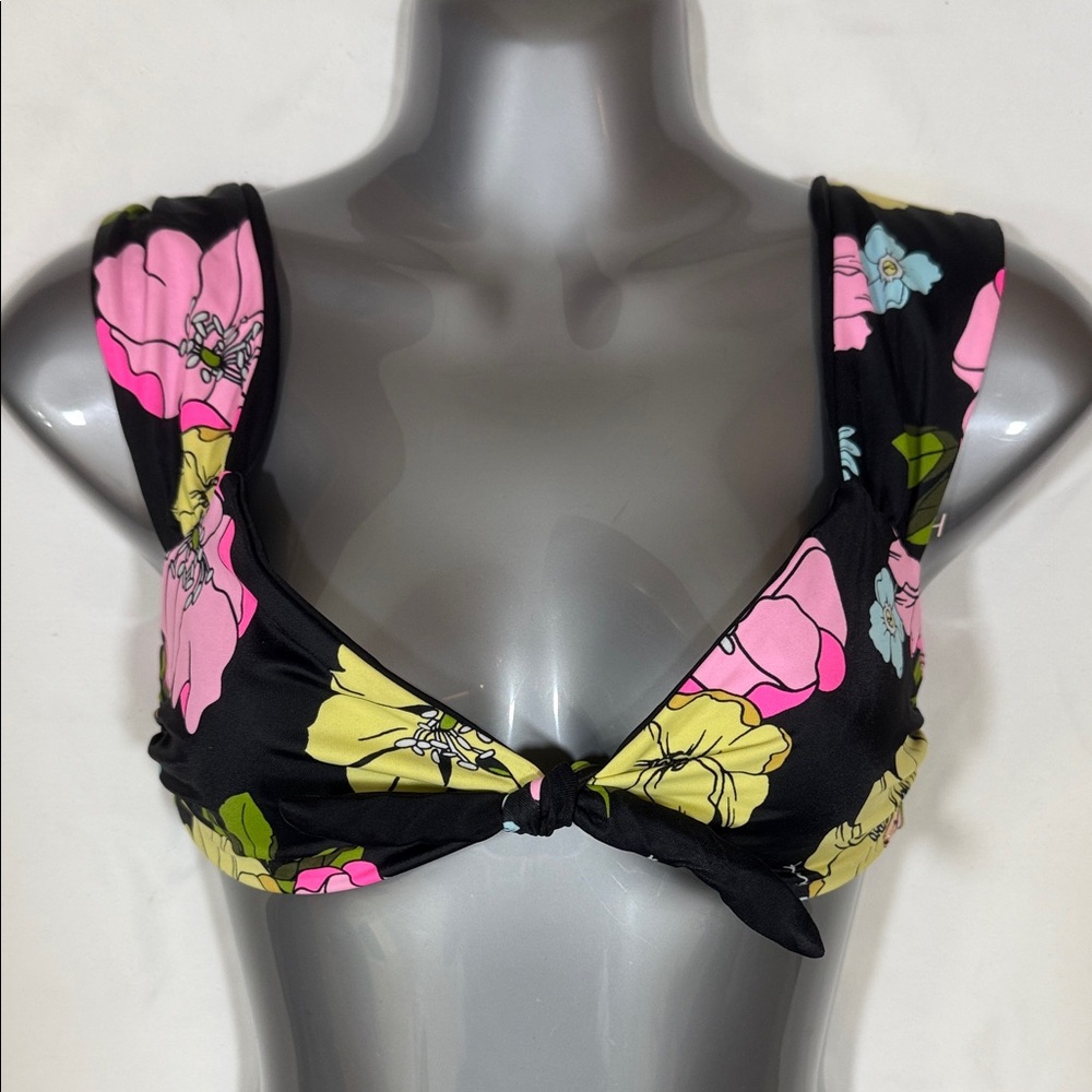 PINK Victoria's Secret Black Pink Yellow Floral Tie Front Bikini Top SKU1082